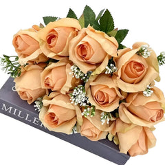 Huitich artificial orange flower arrangement with realistic peach roses and green leaves bouquet