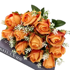 Huitich artificial orange roses for wedding bouquet with green leaves and white accents