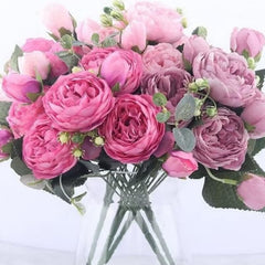 Huitich artificial peony bouquet with pink and lavender peony flowers in a clear glass vase