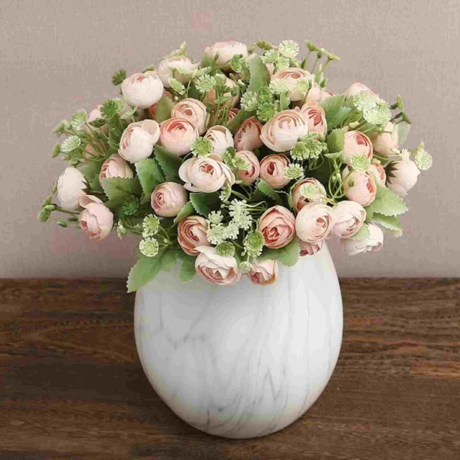 Huitich artificial peony bouquet in a white vase with light pink flowers and green leaves decor