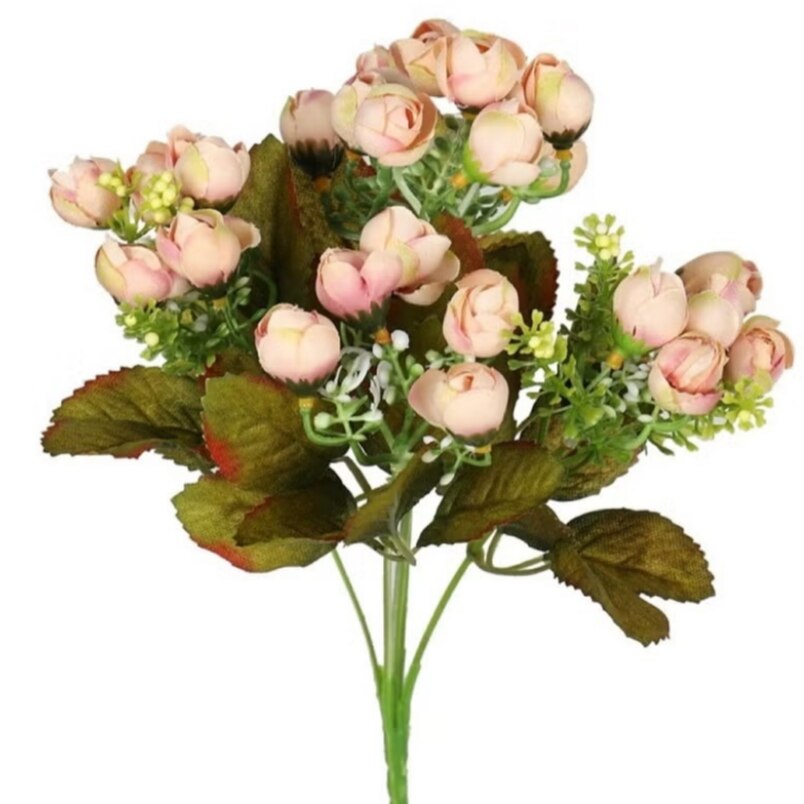 Huitich mini rose flowers artificial peony bouquet with delicate pink blooms and green leaves