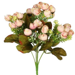 Huitich mini rose flowers artificial peony bouquet with delicate pink blooms and green leaves
