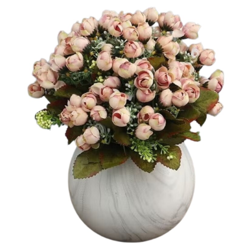 Huitich mini rose flowers artificial peony bouquet in a round white marble vase