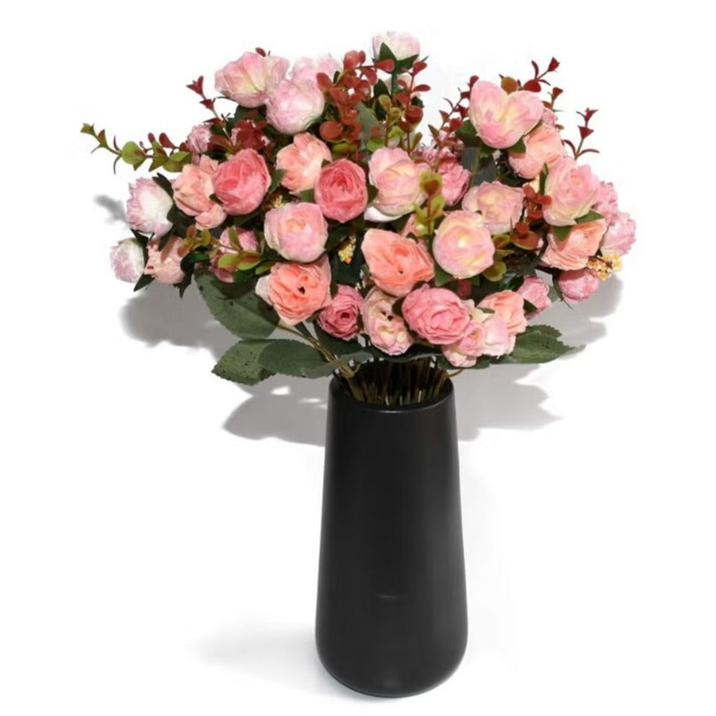Huitich artificial peony bouquet with mini pink rose flowers arranged in a black vase