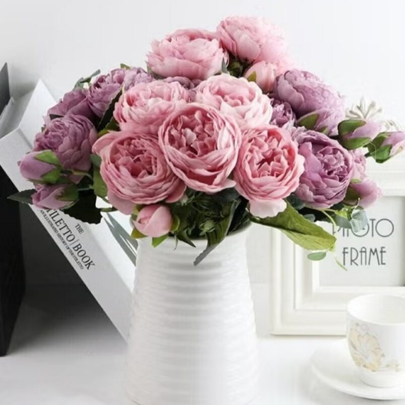 Huitich artificial peony bouquet with pink and purple flowers arranged in a white vase