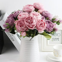 Huitich artificial peony bouquet with pink and purple flowers arranged in a white vase