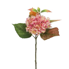 Huitich artificial pink hydrangea flower with realistic pink petals and green leaves on a single stem