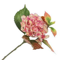 Huitich artificial pink hydrangea flower with realistic pink petals and green leaves on stem