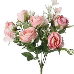 Huitich artificial pink rose bouquet with green leaves and delicate white filler flowers