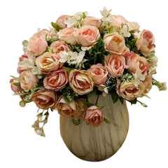 Huitich artificial pink rose bouquet arranged in a decorative marble vase with green foliage and white flowers