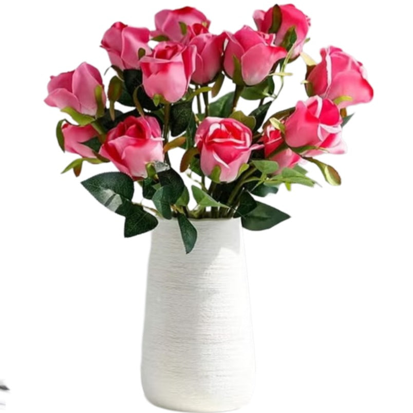 Huitich artificial pink rose flower bouquet in white ceramic vase with green leaves