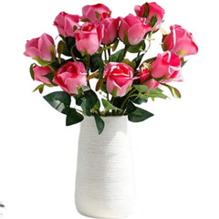 Huitich artificial pink rose flower bouquet in white ceramic vase with green leaves