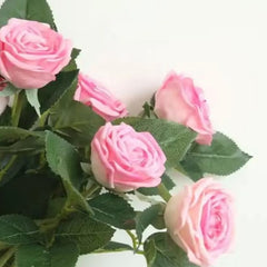 Huitich artificial pink rose flower bouquet with realistic green leaves for home decor