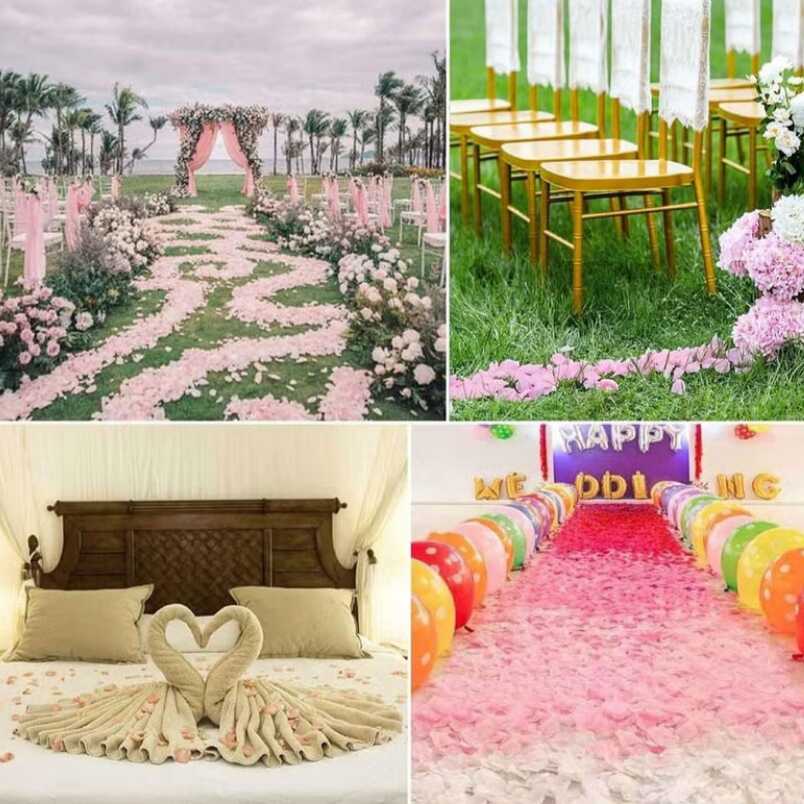 Huitich artificial pink rose petals decorating wedding aisle, outdoor seating, and romantic bed setup