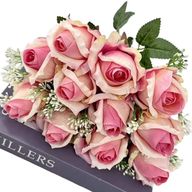 Huitich artificial pink roses for home arranged in a decorative bouquet with green leaves