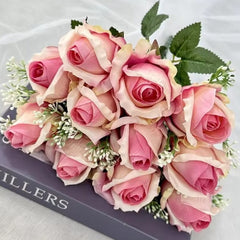 Huitich artificial pink roses for home arranged in a bouquet with green leaves and white accents