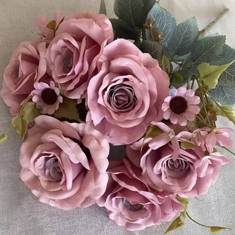 Huitich artificial purple flower arrangement with realistic pink roses and green leaves for home decor