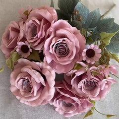 Huitich artificial purple flower arrangement with realistic pink roses and green leaves for home decor