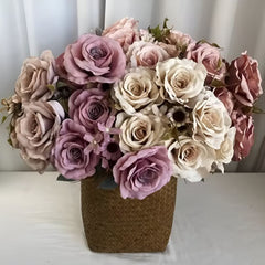 Huitich artificial purple flower arrangement in a woven basket with realistic roses and decorative leaves