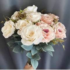Huitich artificial purple flower arrangement featuring white and pink roses with green foliage