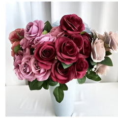 Huitich artificial purple flower decor bouquet with vibrant pink and burgundy roses in white vase
