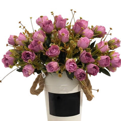 Huitich artificial purple mini roses bouquet arranged in white vase with rope handles