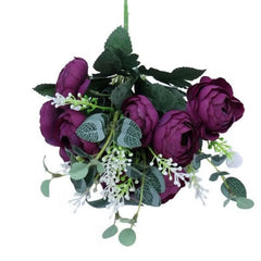 Huitich artificial purple peony bouquet with dark green leaves and white floral accents