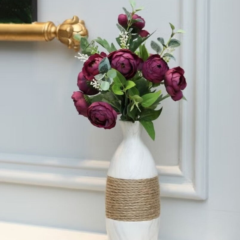 Artificial purple peony bouquet in a white vase with rope detail for elegant flowers decor