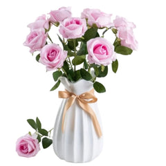Huitich artificial purple rose bouquet with light purple roses arranged in a white vase with a ribbon