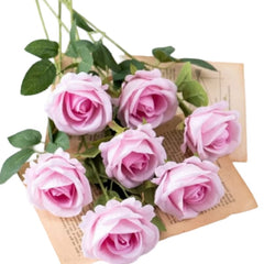 Huitich artificial purple rose bouquet with seven pinkish-purple roses and green leaves on vintage paper