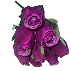 Huitich artificial purple rose buds bouquet with realistic petals and green leaves