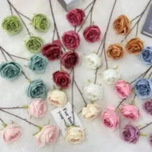 Artificial rose flower bunch, multicolor blooms on thin wire stems with green accents