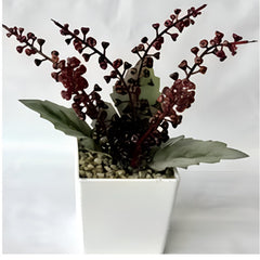 Huitich artificial red bonsai plant with dark red leaves in a white square pot with pebbles
