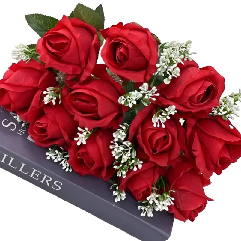 Huitich artificial red flower bouquet with realistic red roses and white filler flowers arranged beautifully