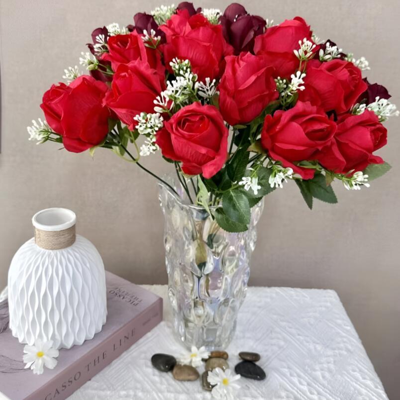 Huitich artificial red flower bouquet with red roses and white accents in a clear glass vase