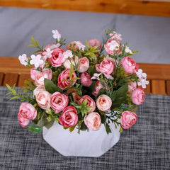 Artificial red peony bouquet with pink and white flowers in a white vase by Huitich