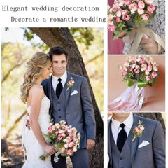Artificial red peony bouquet by Huitich used as a wedding decoration held by bride and groom