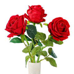 Huitich artificial red rose bouquet with three vibrant red roses and green leaves in a white vase