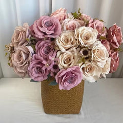 Huitich artificial red rose bouquet with pink and cream roses arranged in a woven basket