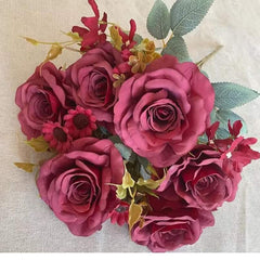 Huitich artificial red rose bouquet with lush green leaves and small accent flowers