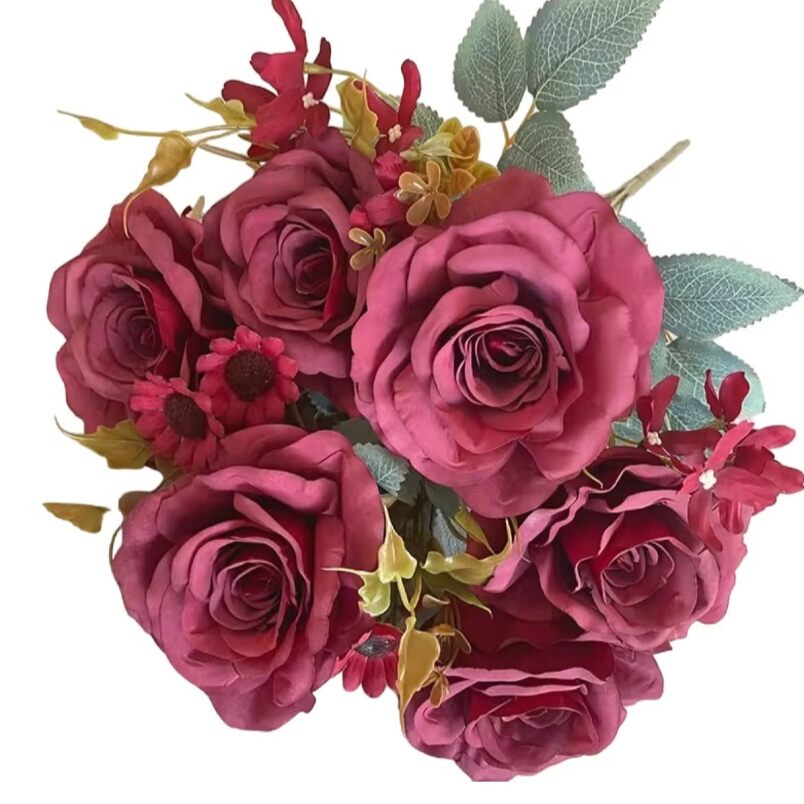 Huitich artificial red rose bouquet with realistic petals and green leaves perfect for home decor