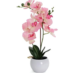 Huitich artificial red rose flowers with pink orchids in white ceramic pot decoration