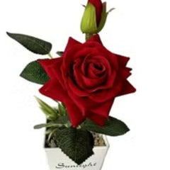 Huitich artificial red rose potted plant with vibrant red petals and green leaves in white pot