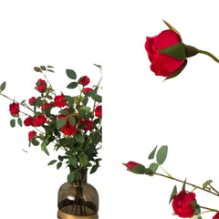 Huitich artificial red rose spray with vibrant red flowers and green leaves in a glass vase