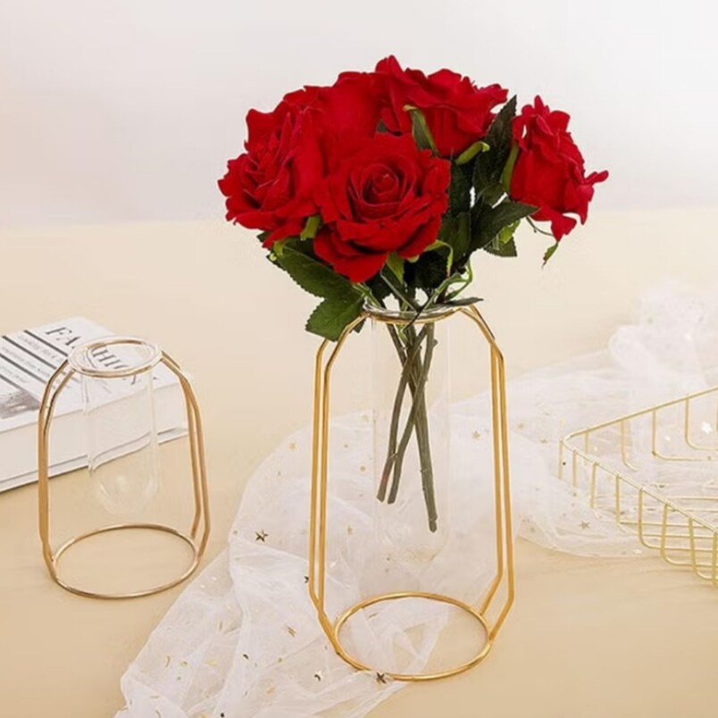 Huitich artificial red rose stem bouquet arranged in a modern gold metal and glass vase