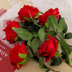 Huitich artificial red rose stem bouquet with vibrant red petals and green leaves