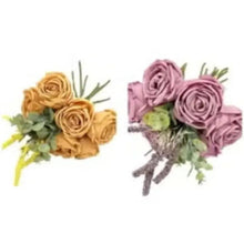 Artificial rose flower bouquet set, pink and golden blooms with green leaves