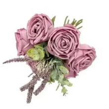 Artificial pink rose bouquet with clustered roses, green leaves, gray twig stems