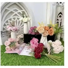 Artificial mixed-rose bouquet arrangement with pink, tan, and white flowers in vase