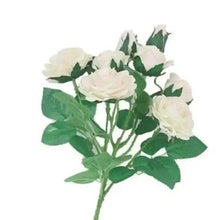 Artificial rose bouquet with white blooms and green leaves on a single stem